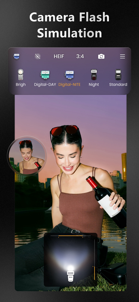 ReLens Camera-DSLR Portrait - Oberfläche der ReLens-App, die die Blitzsimulation auf einem Nachtporträt demonstriert