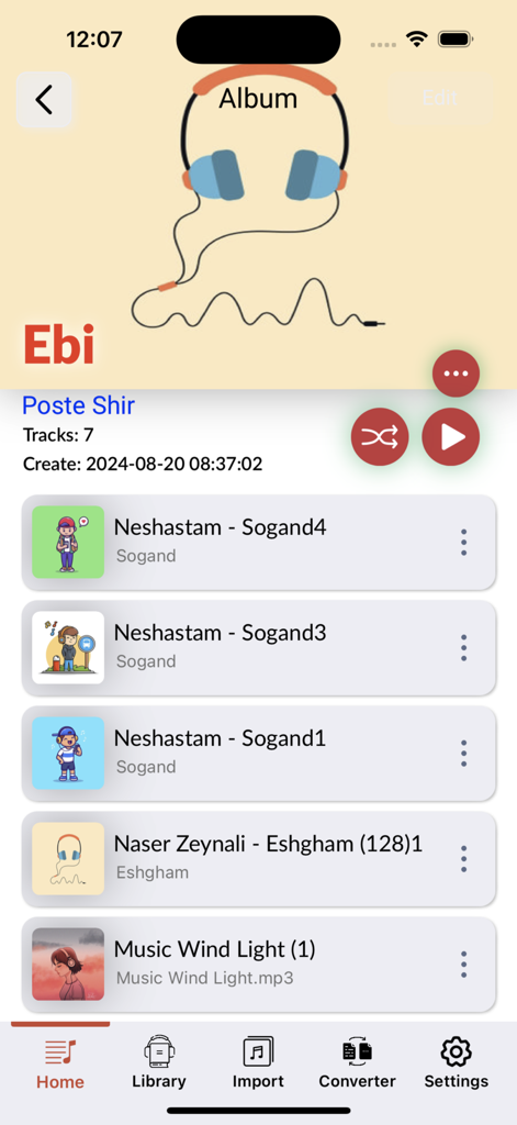 Offline Music Play موزیک پلیر - Album tracklist view in the Offline Music Play app showing a list of Persian songs