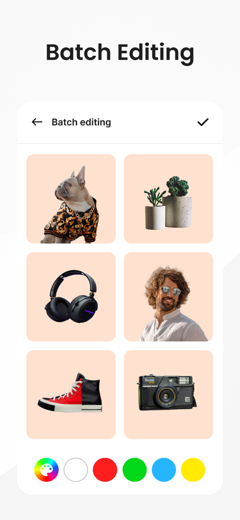 Slazzer- Background Remover - Interface of Slazzer app showing batch background removal and custom background color selection for multiple photos