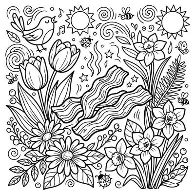 Experience the unexpected joy of our Bacon and Spring coloring page, where crispy strips meet blooming tulips and daffodils. This delightful design is perfect for celebrating the season with a unique, savory twist.