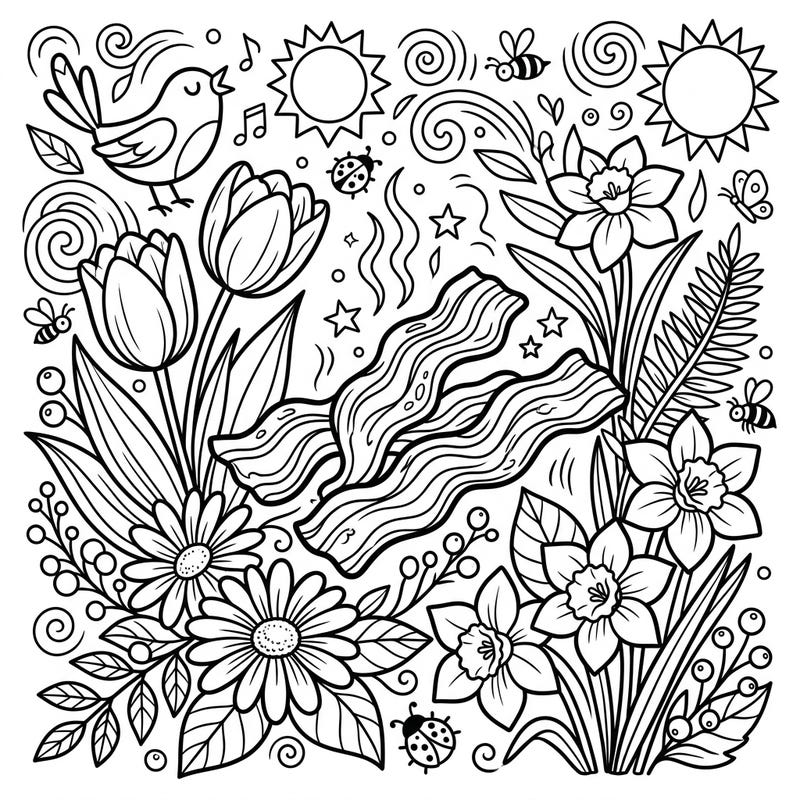 Experience the unexpected joy of our Bacon and Spring coloring page, where crispy strips meet blooming tulips and daffodils. This delightful design is perfect for celebrating the season with a unique, savory twist.