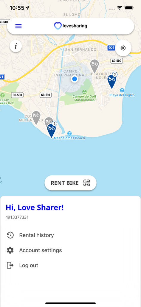 Kartenansicht und Profilbereich der Lovesharing bikes Mobile App