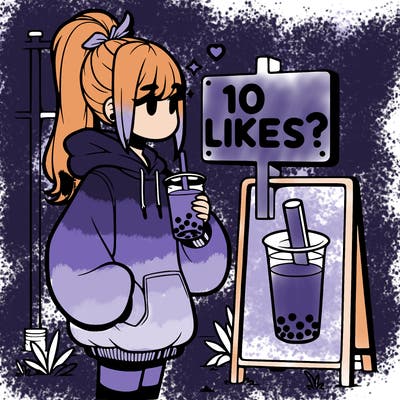 girl with oversized hoodie drinking boba and she has a high ponytail with a sign that says 10likes?