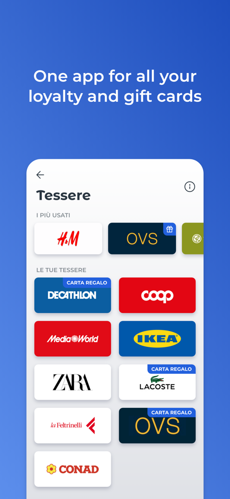 Easypol - PagoPA e Bollo auto - Pantalla de la aplicación Easypol que muestra una billetera digital con tarjetas de fidelización y de regalo de varias marcas