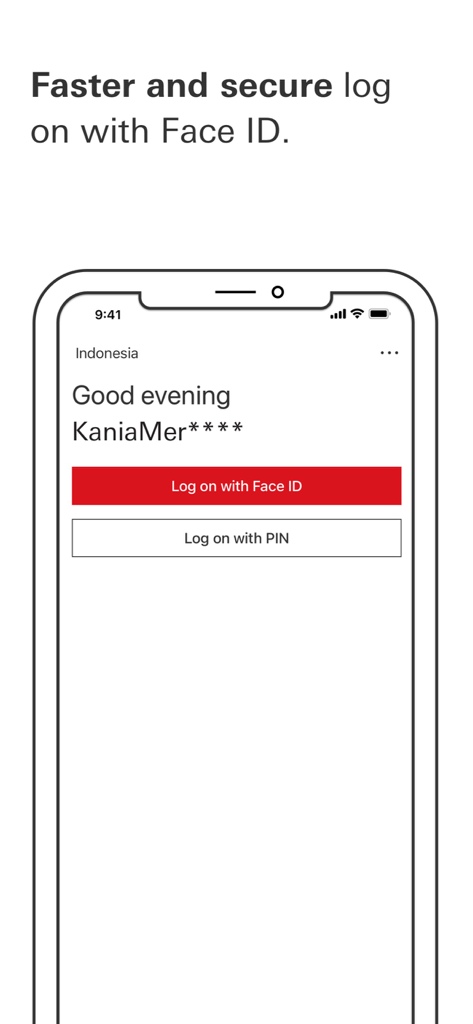 HSBC Indonesia - 安全なアクセス用にFace IDとPINオプションを表示するHSBCインドネシアモバイルアプリのログイン画面