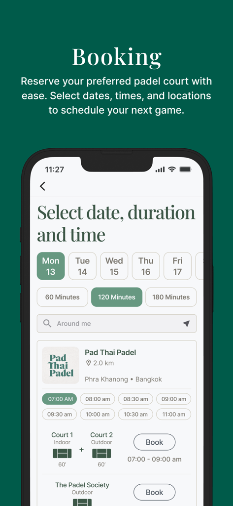 The Padel Society - Interface de l'application The Padel Society pour réserver des terrains de padel montrant la sélection de la date, de l'heure et de la durée.