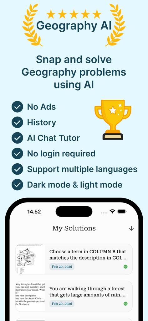 Geography AI Homework Helper - Geography AI app screenshot highlighting features like snap and solve homework help and an AI chat tutor.