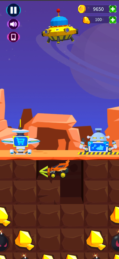 Crazy Mining Team - A mining machine drilling through blocks to find gold nuggets in a space-themed level