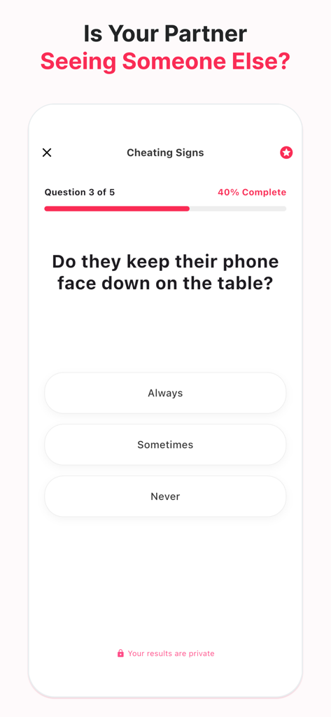 Love Test: Do they like me? - A mobile quiz interface asking a relationship question about a partner's phone habits to check for signs of cheating.