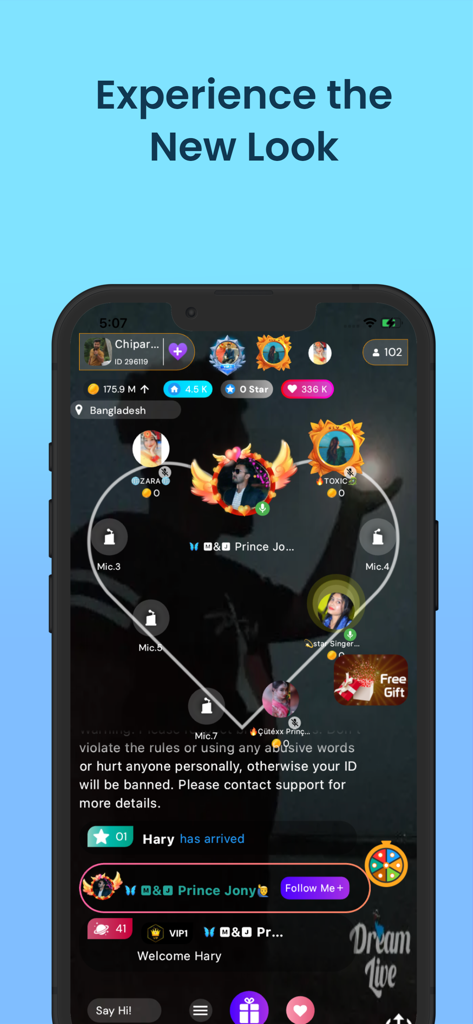 Dreamlive - Dreamlive app interface showing a live interactive group voice chat room with avatars and virtual gift options