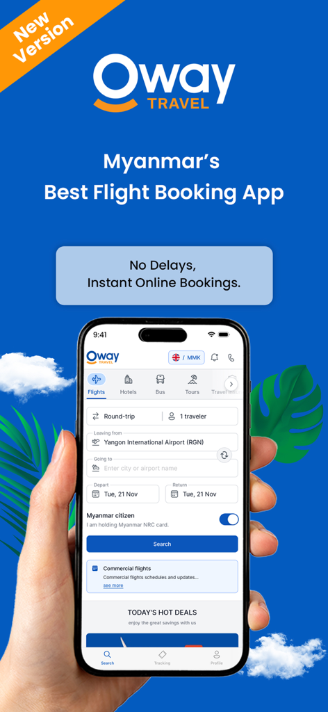 Oway Travel app interface for domestic flight booking in Myanmar featuring Yangon airport search and NRC holder options.