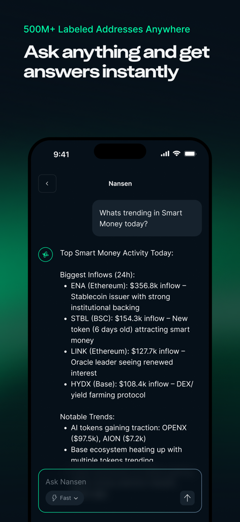 Nansen AI - A screenshot of the Nansen AI app interface showing real-time smart money crypto activity and market inflows.