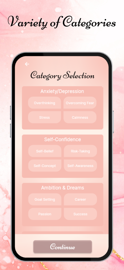 That Girl Affirmations - Una pantalla de aplicación móvil que muestra categorías de afirmaciones como Autoconfianza, Ansiedad y Ambición sobre un fondo estético rosa.