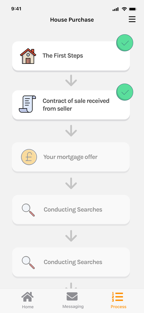 Ein visuelles Tracking-Tool in der ONP Solicitors App, das die Fortschrittsstufen eines Hauskaufs anzeigt
