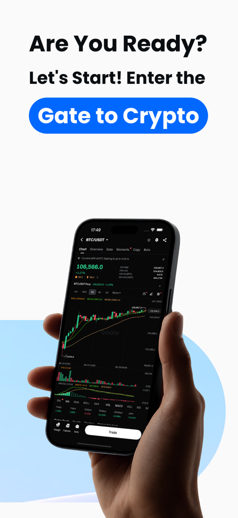Gate: Trade BTC & ETH - Gate.io 모바일 앱에서 BTC USDT 캔들스틱 트레이딩 차트를 보여주는 스마트폰.