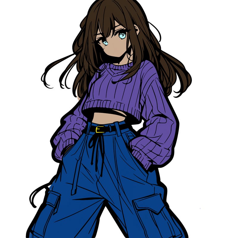 anime teen girl with baggy pants and crop top with sweater