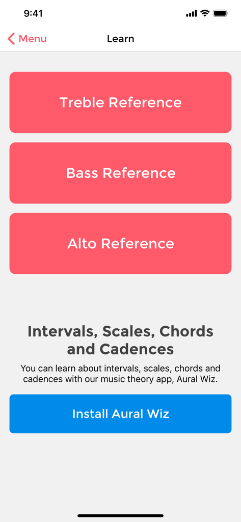 Music Tutor Plus - Music Tutor Plus learn screen showing buttons for treble bass and alto clef reference charts