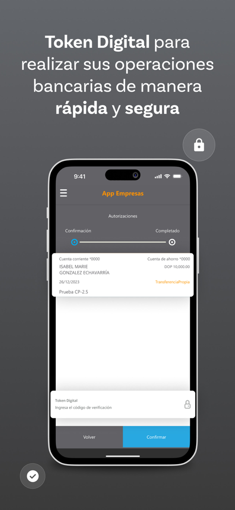 Banreservas Empresas - Banreservas Empresas app interface showing a digital token confirmation screen for a secure bank transfer