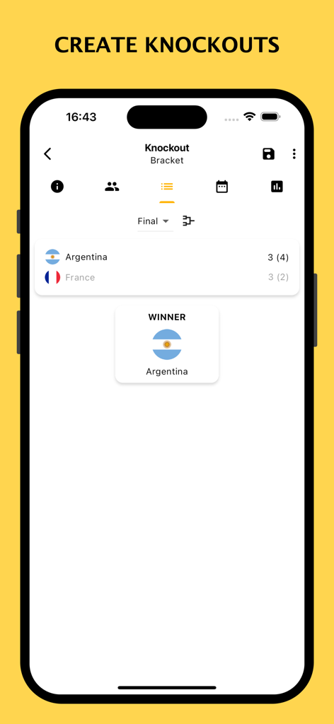 Tournament maker app showing a knockout bracket final result with Argentina as winner