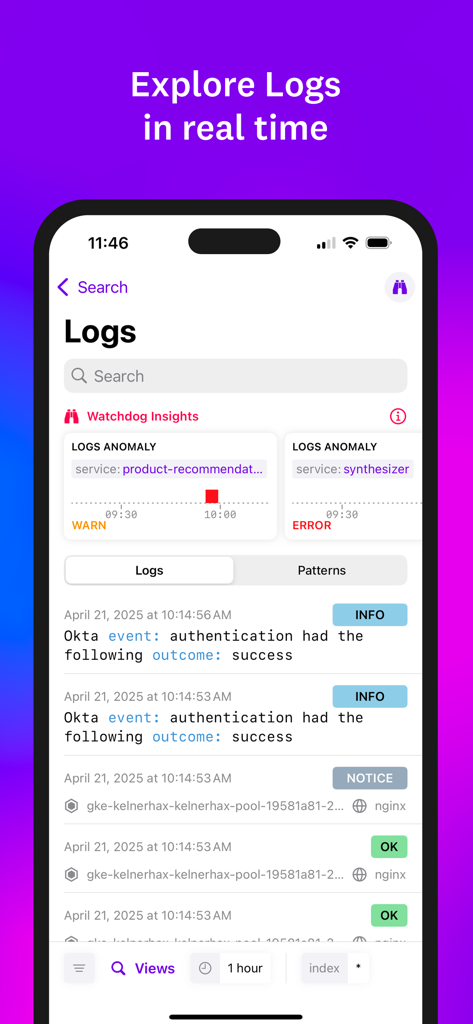 Interfaccia dell'app mobile Datadog per l'esplorazione dei log in tempo reale e insight sul rilevamento delle anomalie