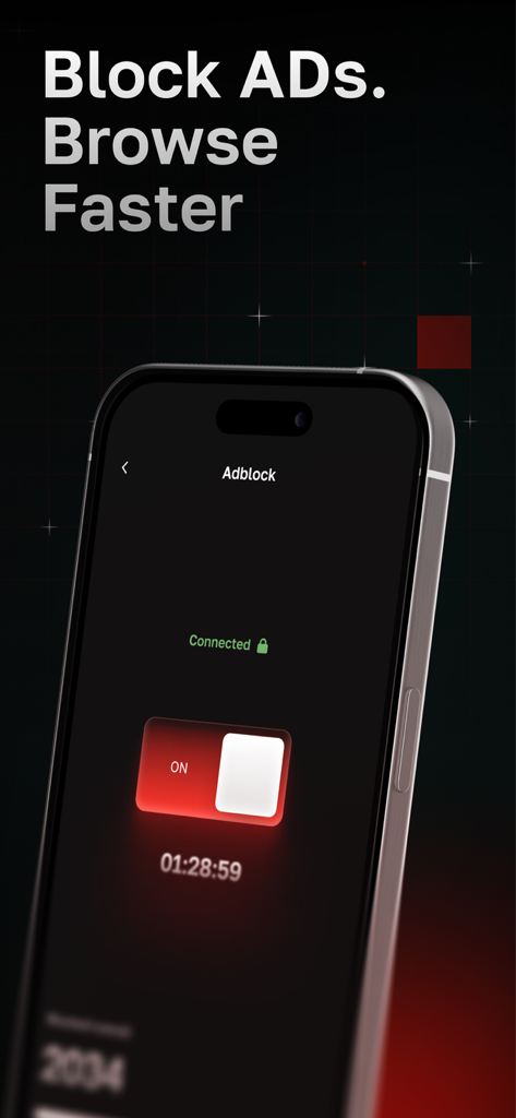 Red VPN app showing active ad block feature on iPhone