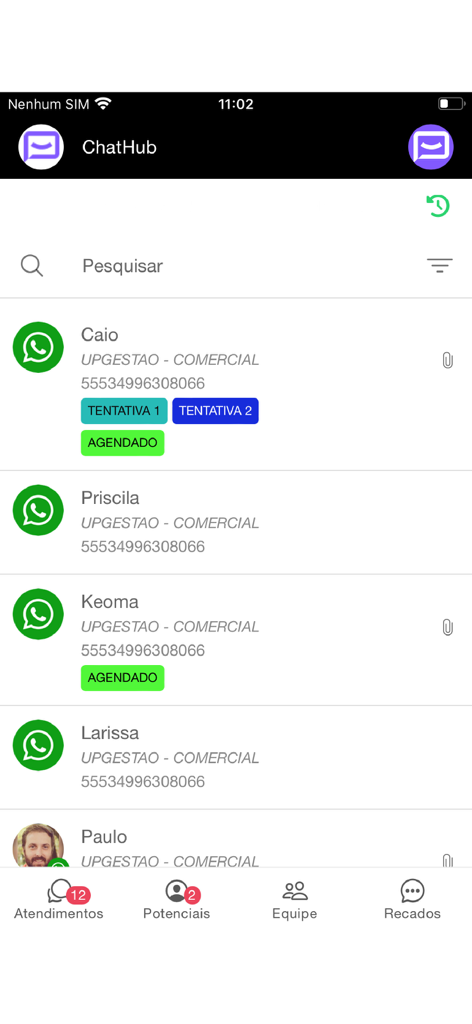 ChatHub - ChatHub mobile app interface displaying a list of customer conversations with status labels and contact information