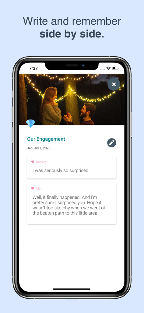 Twig - Journal for Couples - Mobile screen of the Twig app displaying a shared engagement memory with side by side notes from a couple