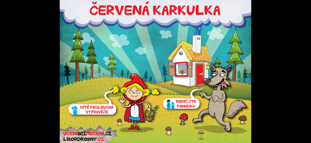 Červená Karkulka - Eine Szene aus dem tschechischen interaktiven Bilderbuch Rotkäppchen mit Rotkäppchen und einem Wolf in einem Wald.