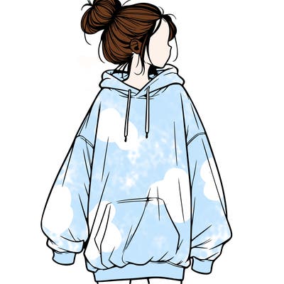 realistic girl with a oversized sweatshirt on and a bun