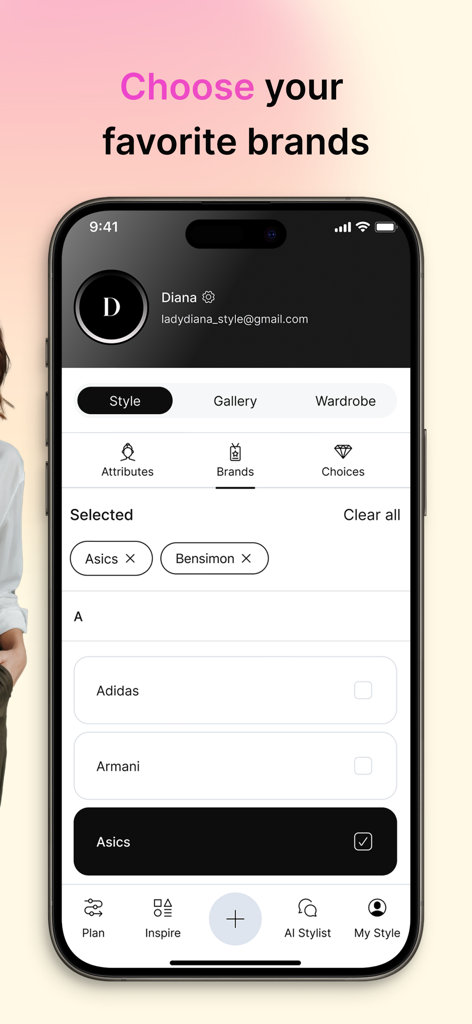 Dressly: AI Outfit Stylist - Interfaz de la aplicación Dressly que muestra una lista de marcas de moda para seleccionar recomendaciones de atuendos personalizadas