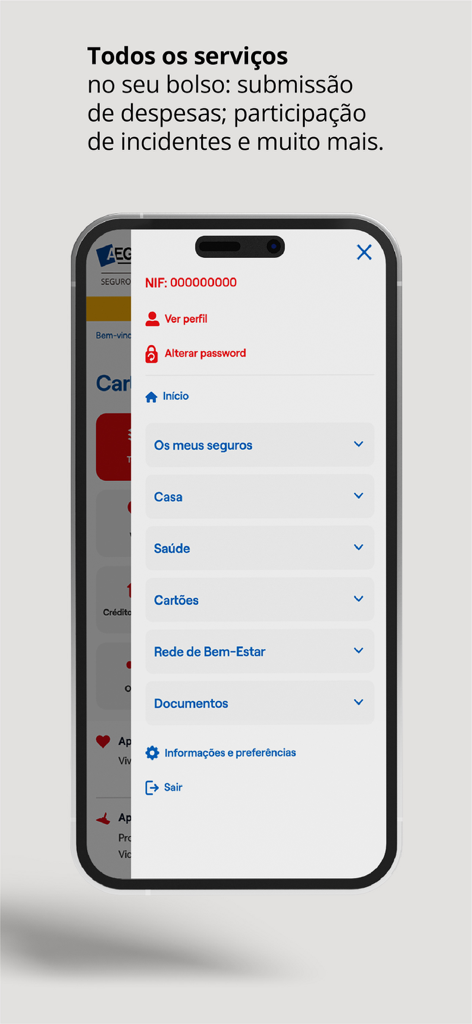 Mobile app interface of MyAegonSantander showing the navigation menu with insurance and health options