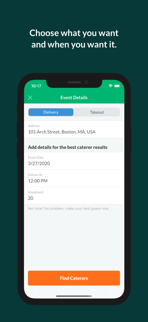 ezCater - Business Catering - Interfaz de la aplicación ezCater para programar un evento corporativo con detalles de entrega y número de asistentes