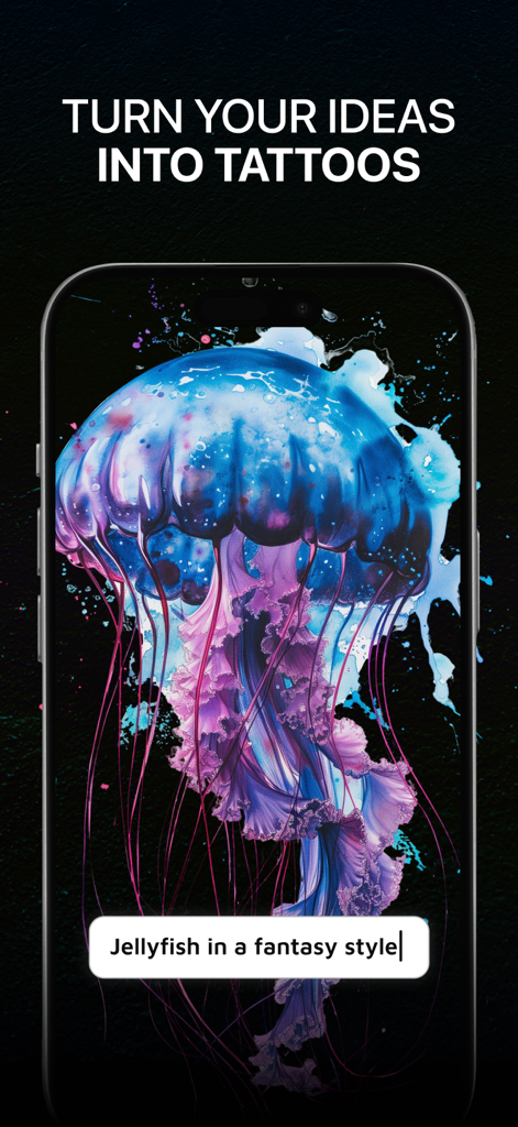 AI Tattoo Maker & Generator - AI Tattoo Maker app displaying a fantasy jellyfish design generated from a text prompt