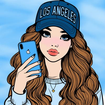 realistic beautiful girl wearing los ángeles cap holding an iphone