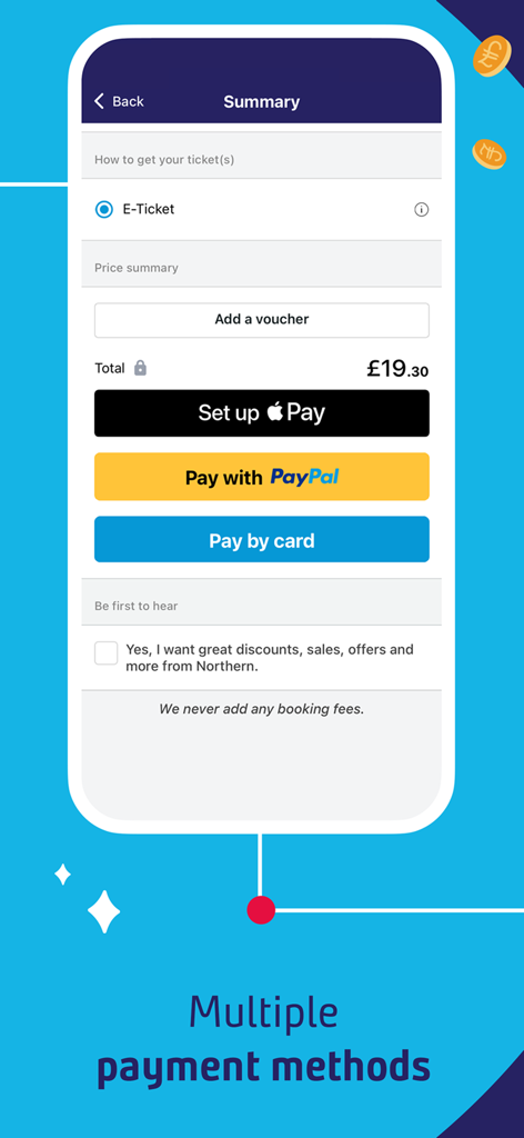 Checkout summary screen of the Northern Train app showing payment methods including Apple Pay PayPal and credit card