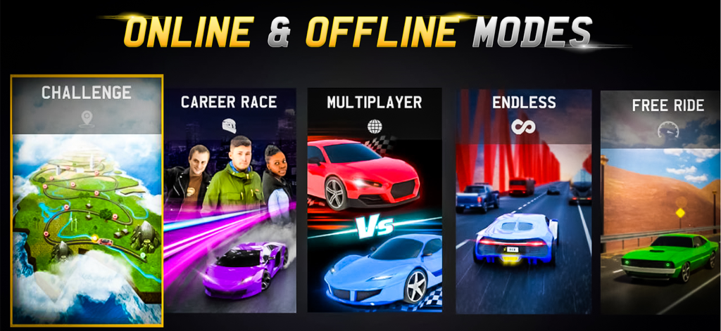 MR RACER - Display of various game modes for MR RACER including Challenge, Career Race, Multiplayer, Endless, and Free Ride.