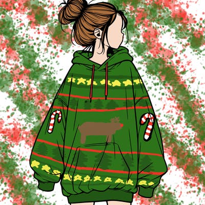 realistic girl with a oversized sweatshirt on and a bun
