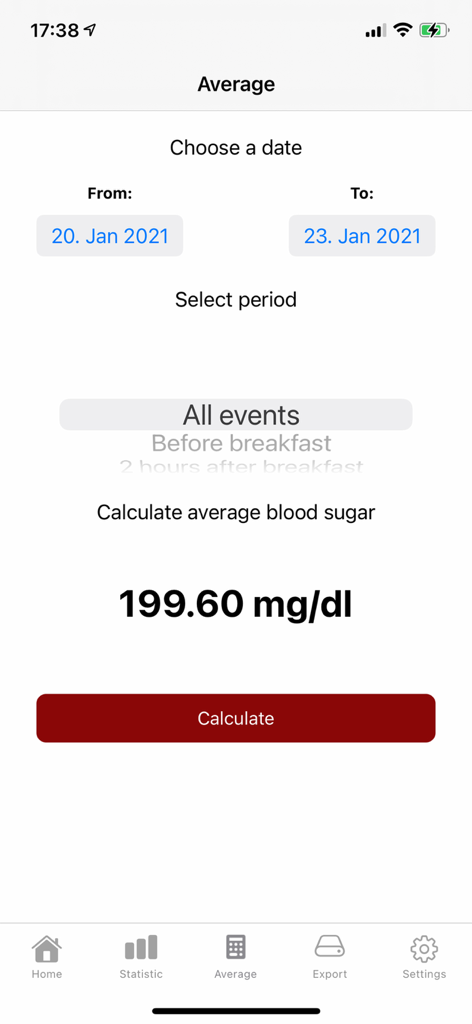 Average blood sugar calculation screen showing a result of 199.60 mg per dl for a selected date range