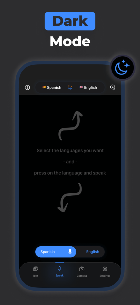 AI Translator – Voice & Camera - Pantalla de traducción de voz de la aplicación Traductor IA en modo oscuro.