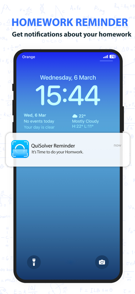 AI Homework Scanner & Helper - iPhone lock screen showing a QuiSolver homework reminder notification