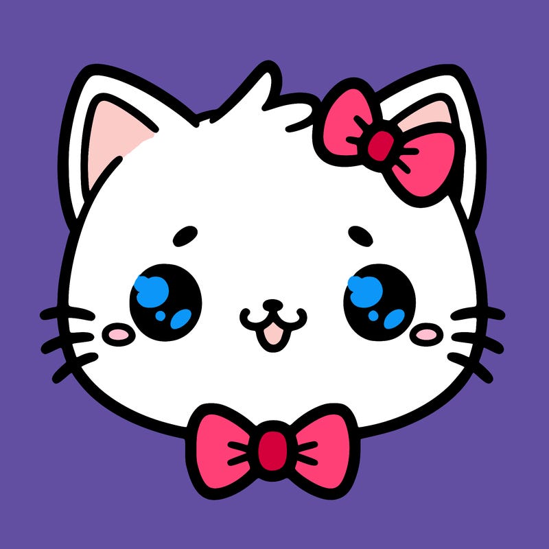 kawaii cat with a bow tie hanging from his ear