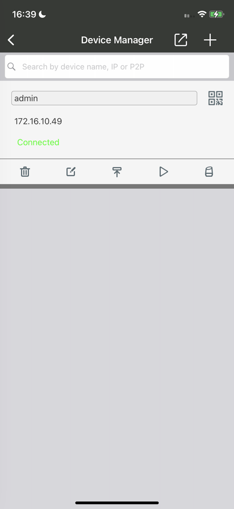 Interface of the CORTEX IQ app showing the Device Manager screen with a connected surveillance device and its IP address.