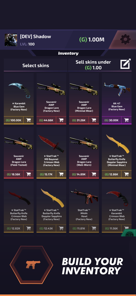 Case Battle - Skins Simulator - Case Battle app inventory screen showing a collection of rare weapon skins