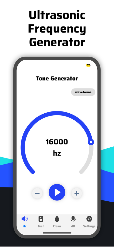 Clear Wave app screenshot showing the ultrasonic frequency generator set to 16000 Hz with a blue circular dial and play button.