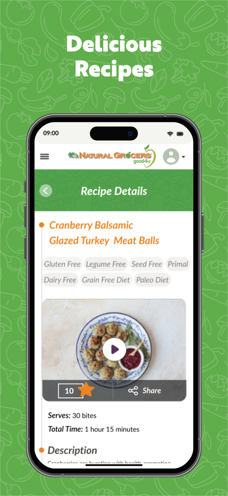 Natural Grocers - App mobile Natural Grocers che mostra una ricetta salutare di polpette di tacchino con etichette dietetiche come senza glutine e paleo