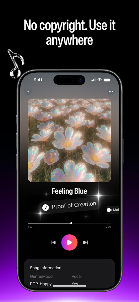 Vibella: AI Music & Song Maker - Interface of the Vibella app displaying an AI generated pop song with a message about copyright free usage.