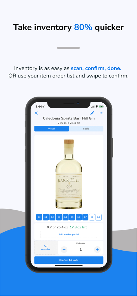 Smartphone, das die WISK.ai-App-Oberfläche für die schnelle Inventurzählung an der Bar anzeigt