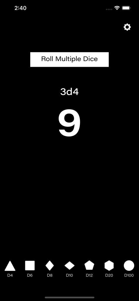 Minimalist dark mode interface of the D20 Dice Simulator app showing a 3d4 roll result of 9.