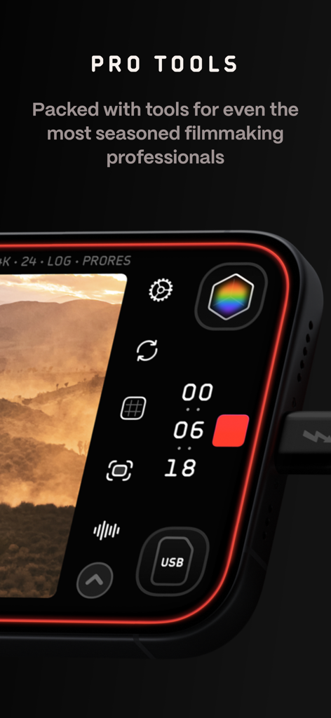 Kino - Pro Video Camera - Close up of the Kino pro video camera app interface showing manual controls and recording settings.