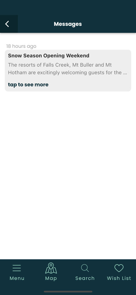 Victoria's High Country - Schermata dei messaggi dell'app mobile Victoria High Country che mostra una notifica per il weekend di apertura della stagione invernale per Falls Creek e Mt Buller.